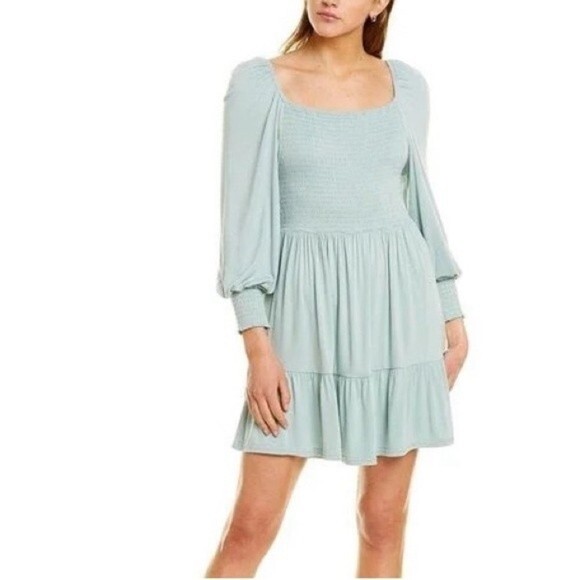 NWOT BB DAKOTA | Let's Go Crazy Smocked Dress In Sea Mist Long Sleeve M - Picture 1 of 5